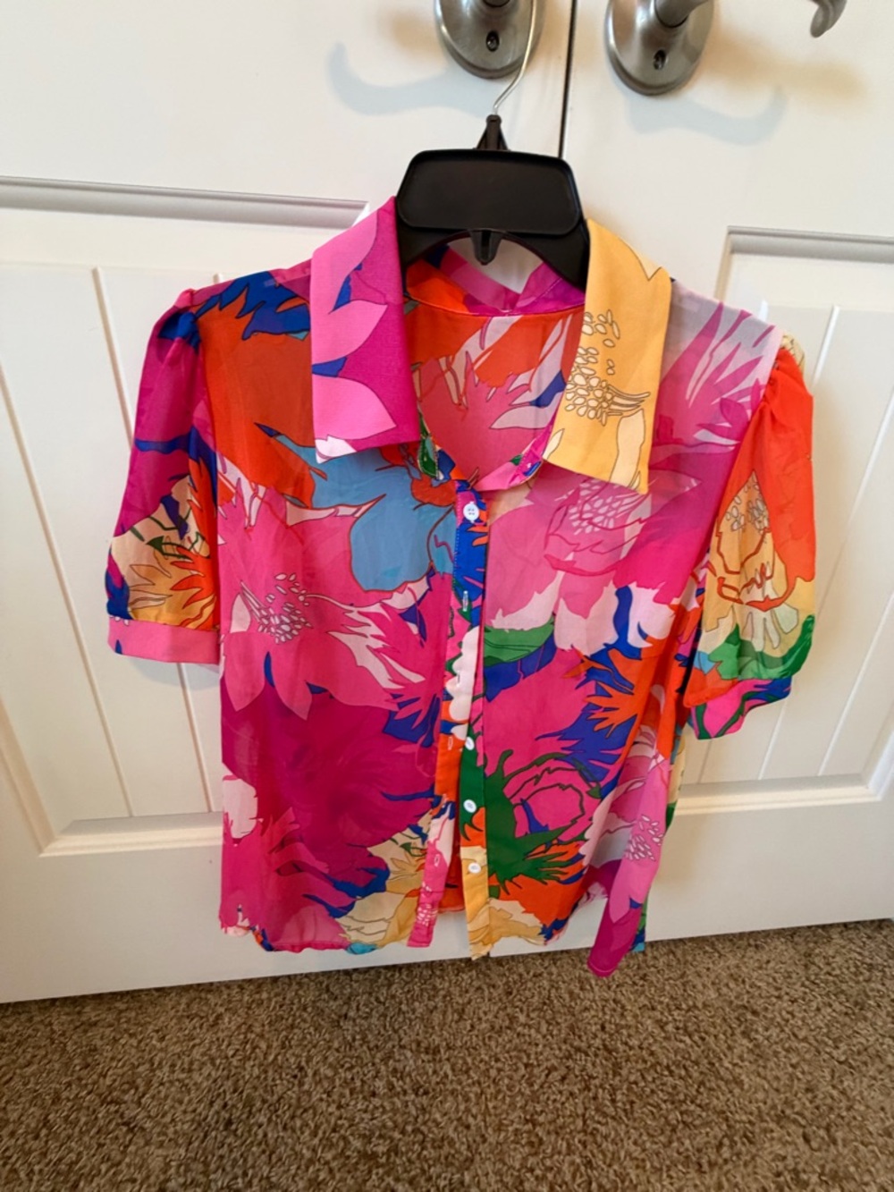 Vibrant Floral Button-Up Blouse in Pink, Orange & Blue